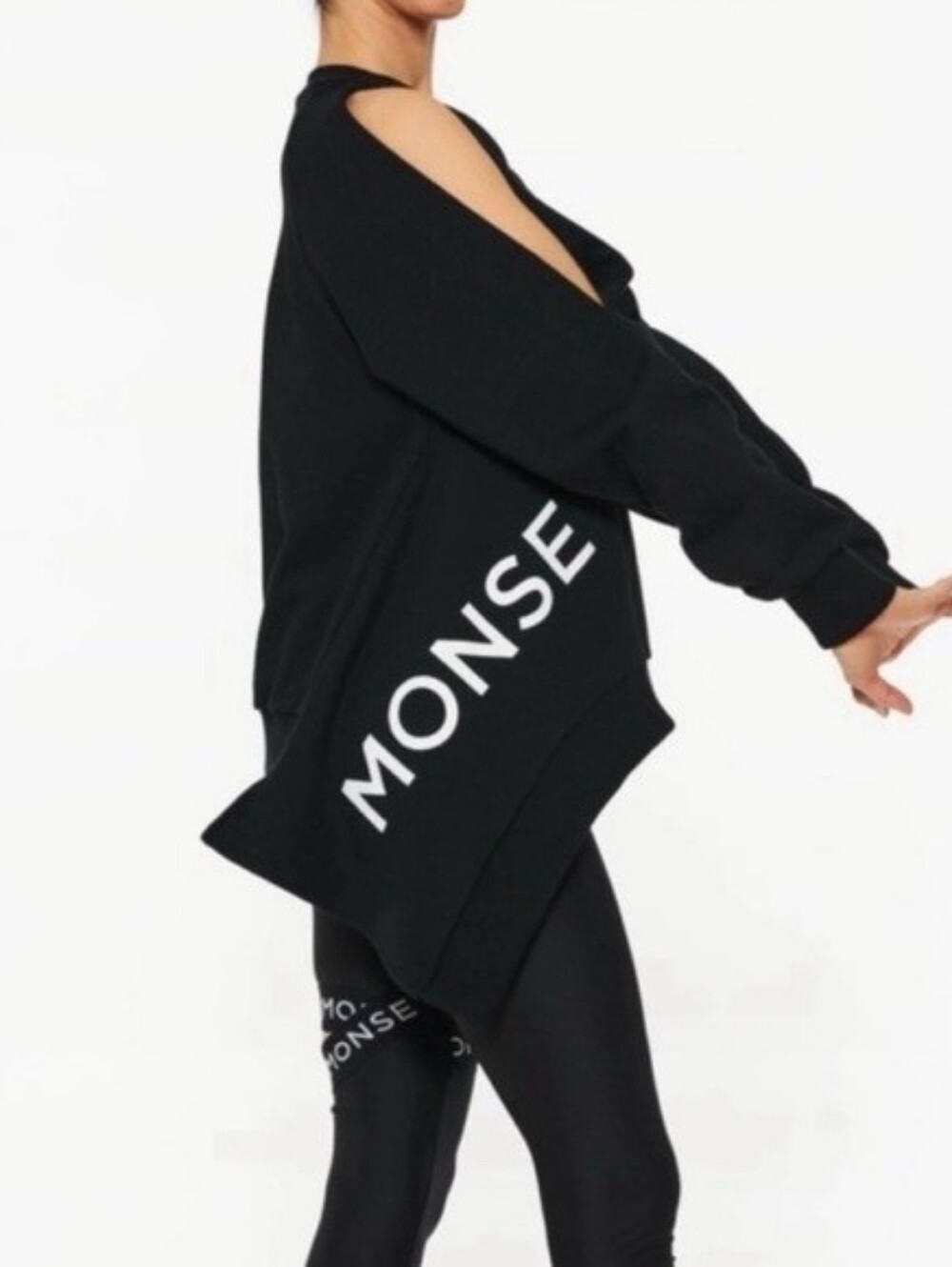 MONSE Black Sweatshirt with White Logo and Shoulder Cutout XS S